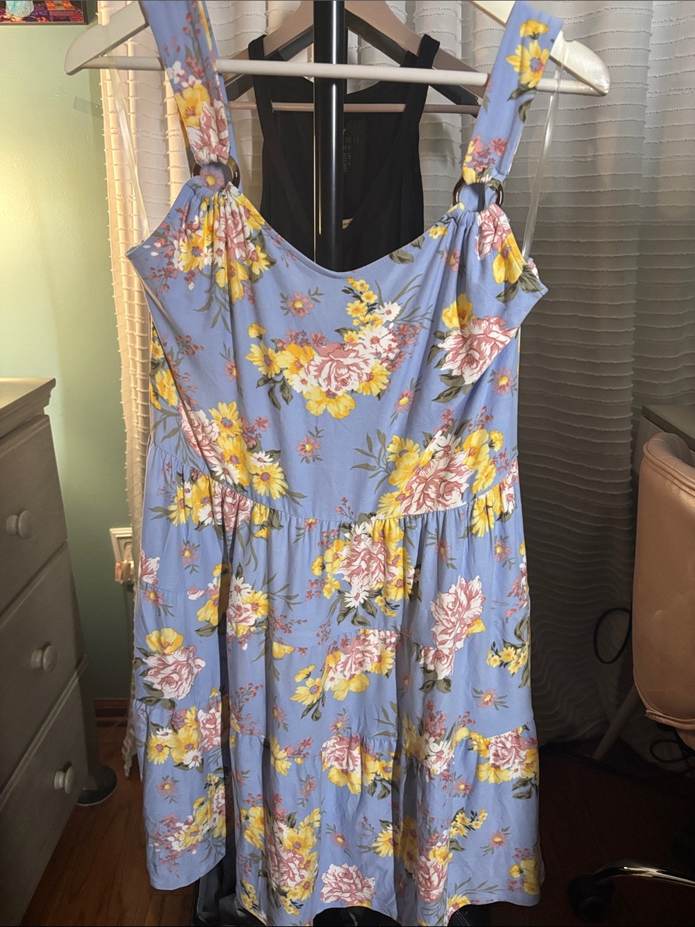 Planet Gold Blue Floral Midi Dress with Yellow & Pink Blooms